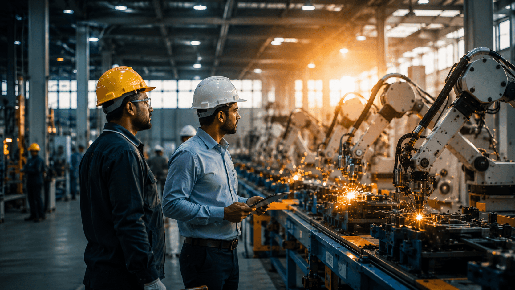 Engineers and factory operators using artificial intelligence systems in a modern manufacturing facility in India.