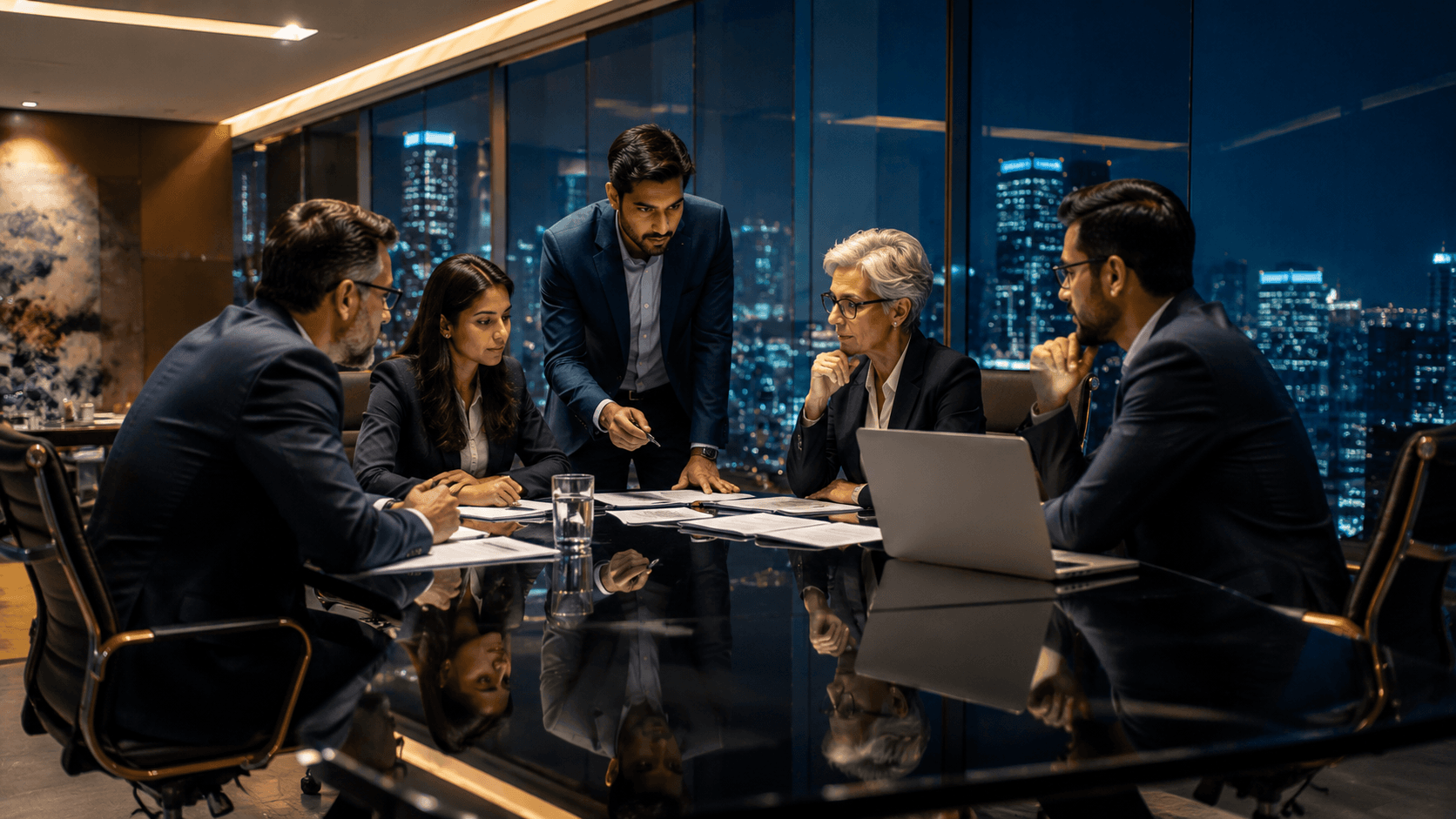 Business leaders collaborating with employees while using artificial intelligence tools to support decision-making and organizational management.
