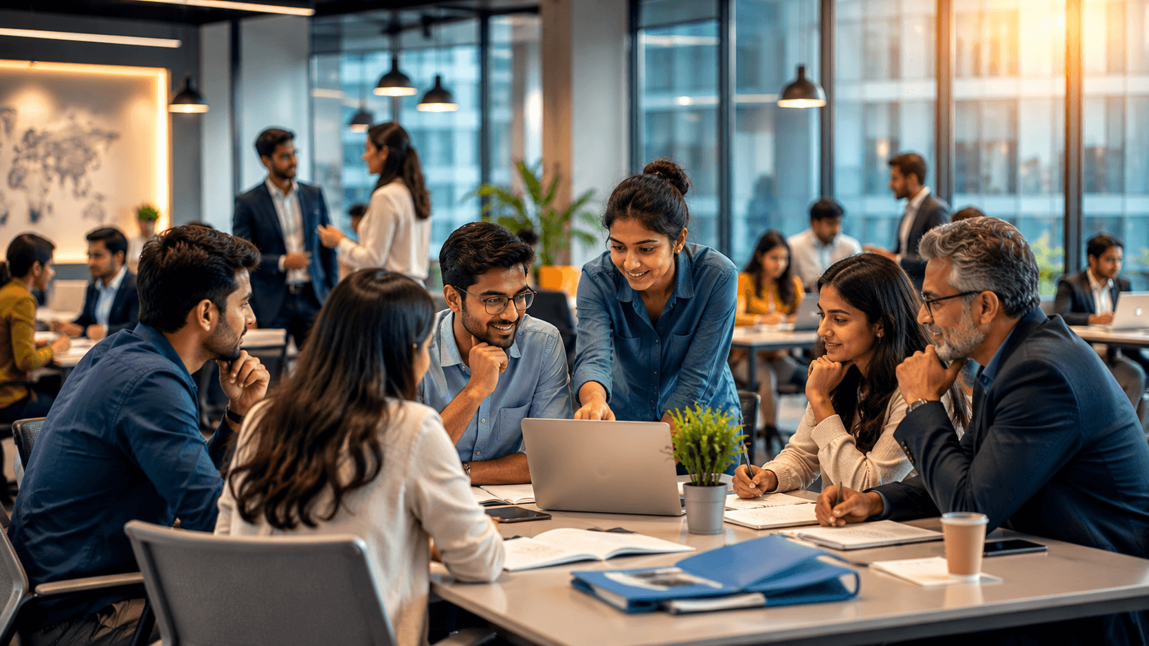Professionals collaborating in a modern workplace while using digital tools, participating in training programs, and developing future-ready skills.