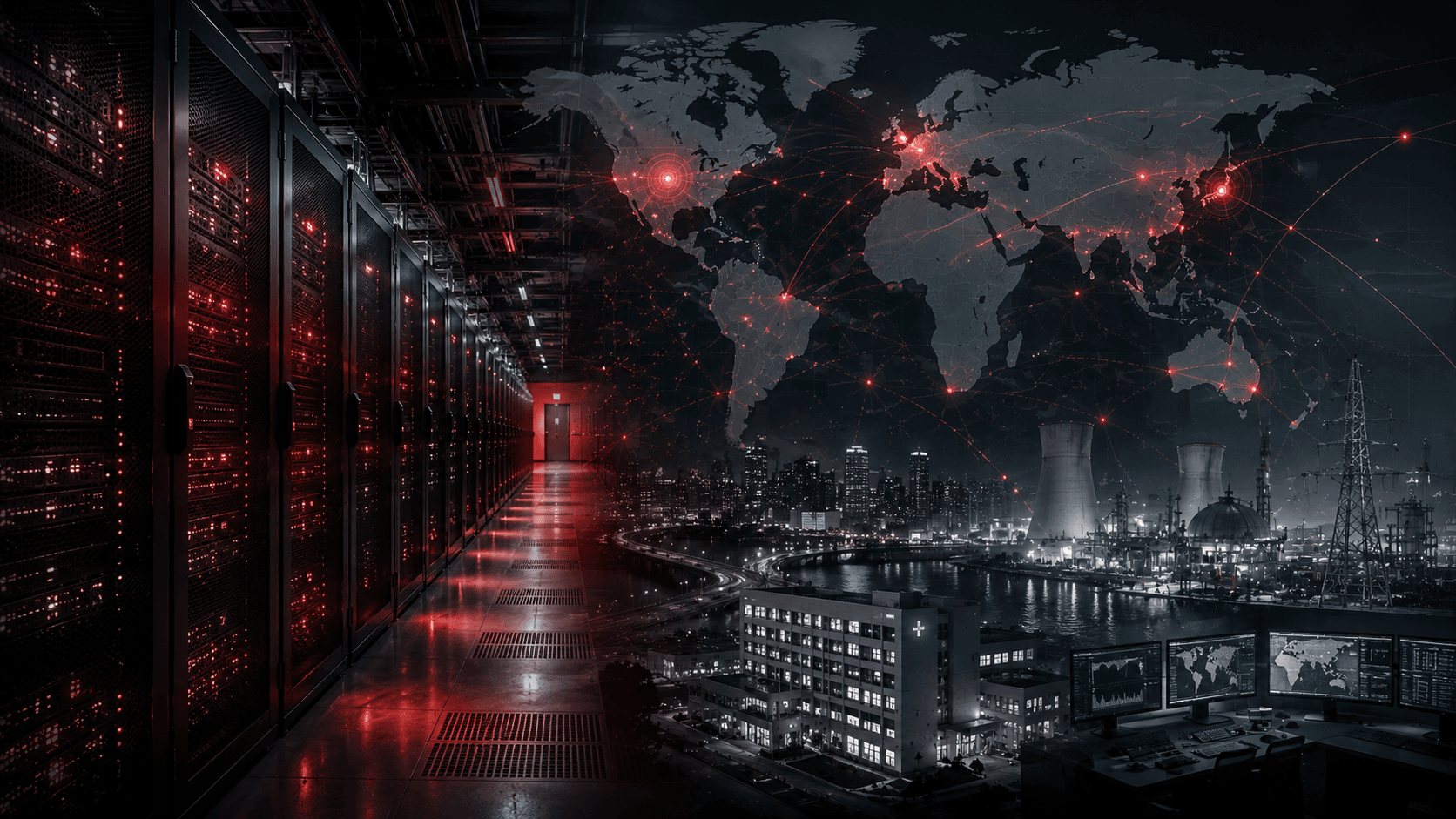 A modern data center with interconnected digital networks under threat from invisible cyber attacks, symbolizing growing cybersecurity risks facing governments, businesses, and critical infrastructure worldwide.