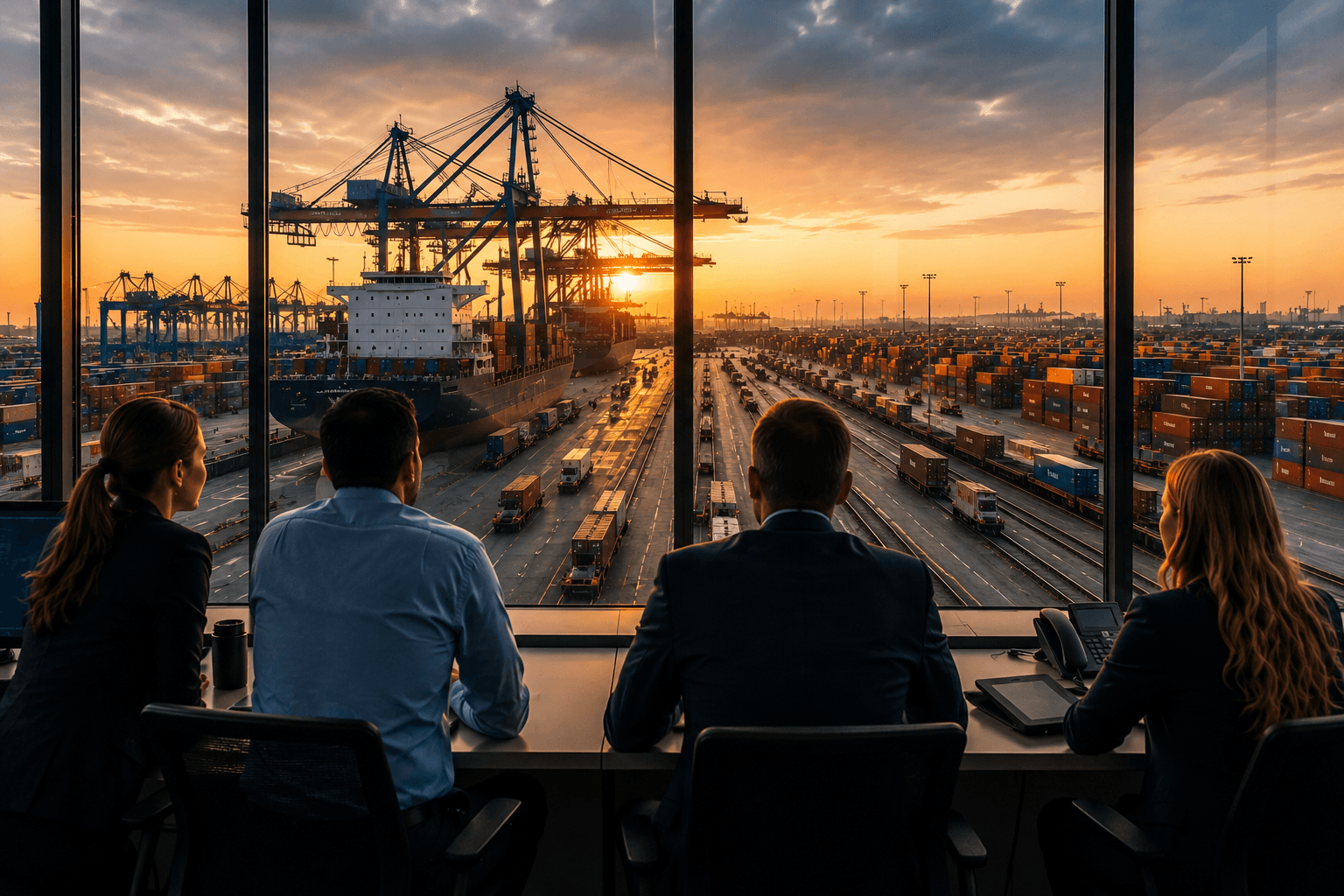 Cargo ships, shipping containers, rail networks, and manufacturing facilities connected across global trade routes amid geopolitical uncertainty