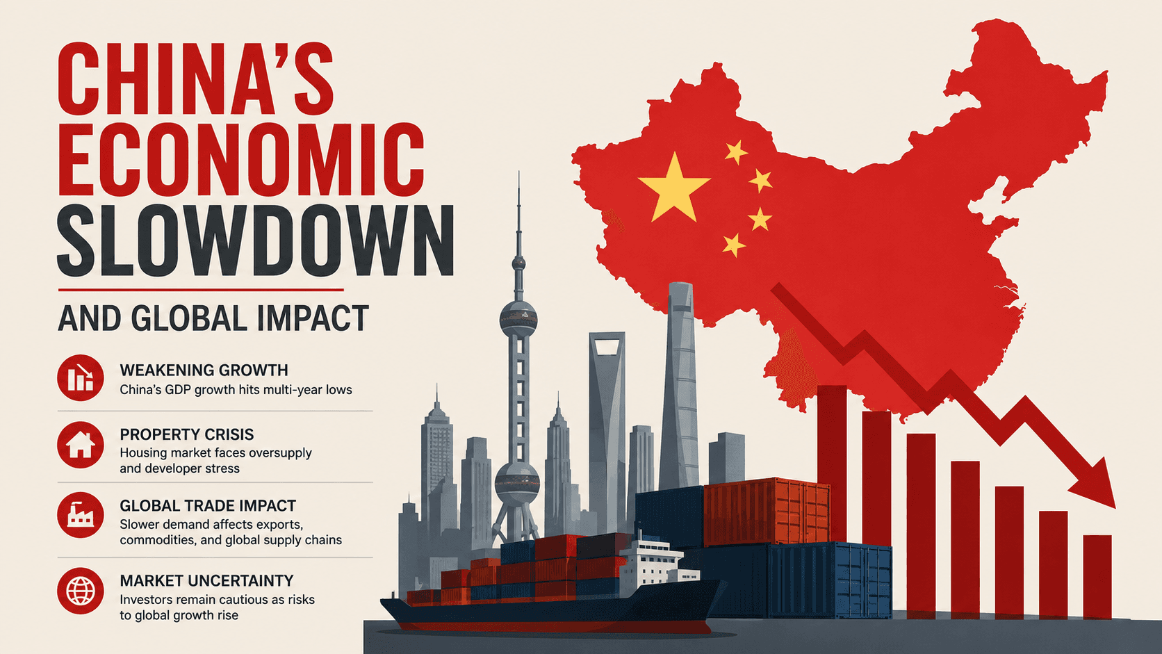 A sprawling Chinese city skyline under overcast skies with cargo ships, factories, and financial charts symbolizing China's slowing economy and its impact on global markets.