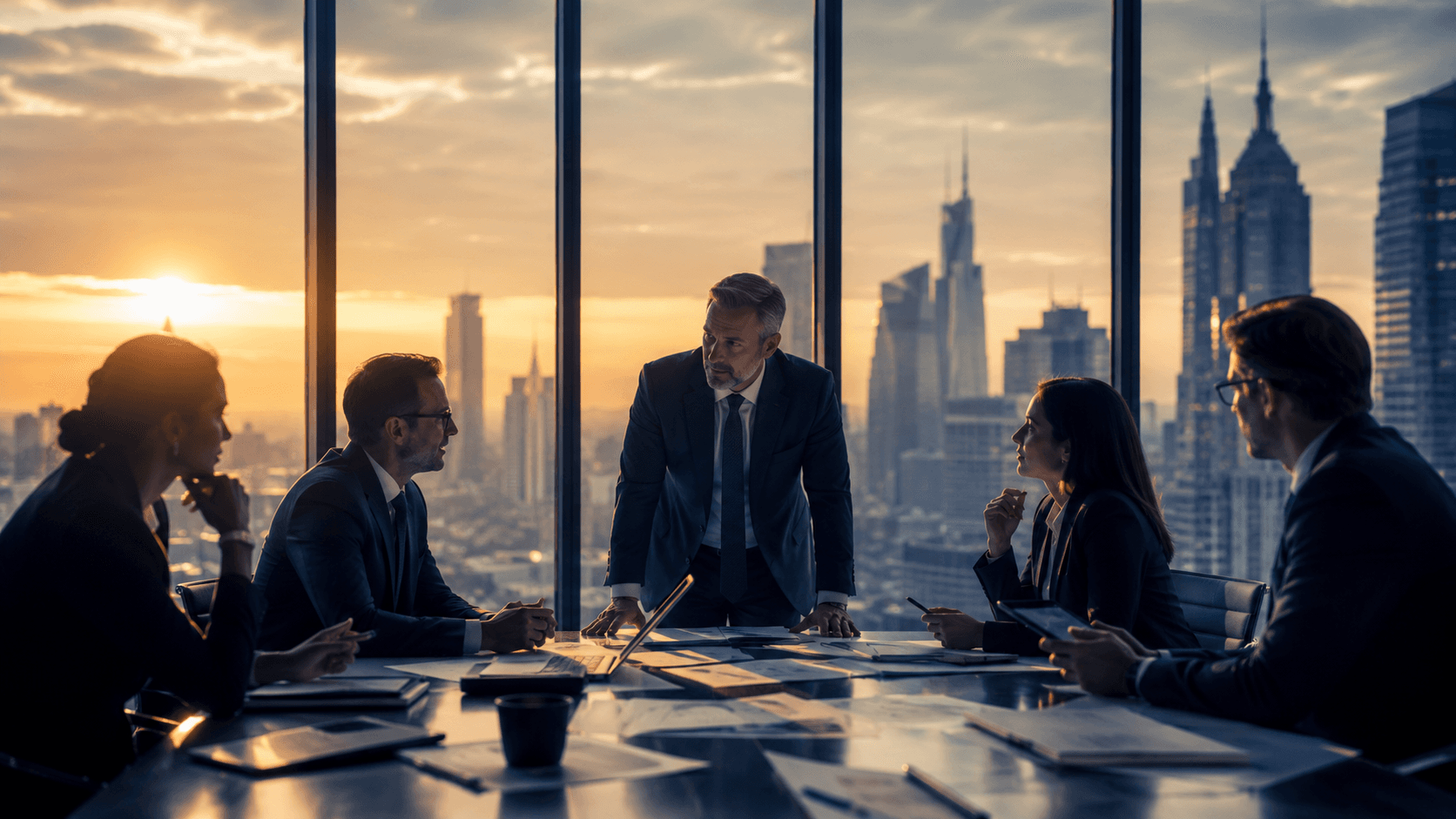 Business leaders collaborating in a modern boardroom while reviewing growth strategies, innovation initiatives, and operational transformation plans.